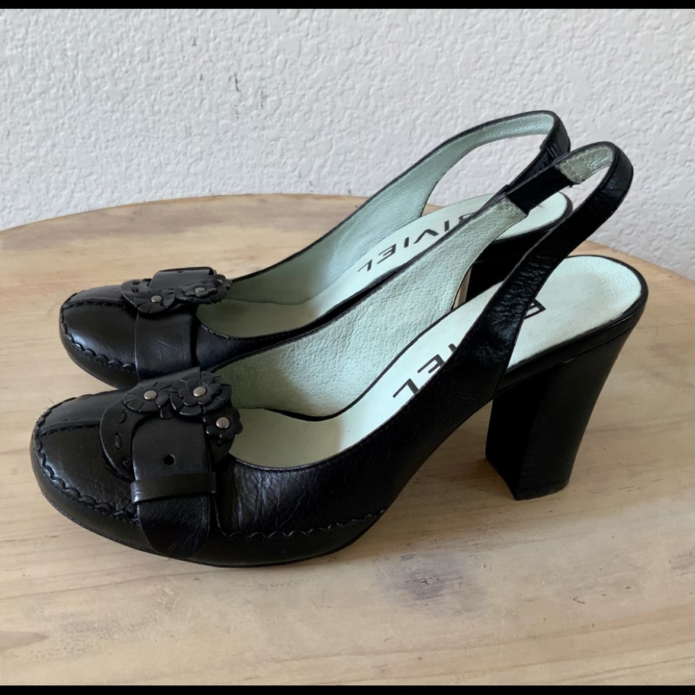 BIVIEL Black Leather Sling Backs, Sz 7.5
